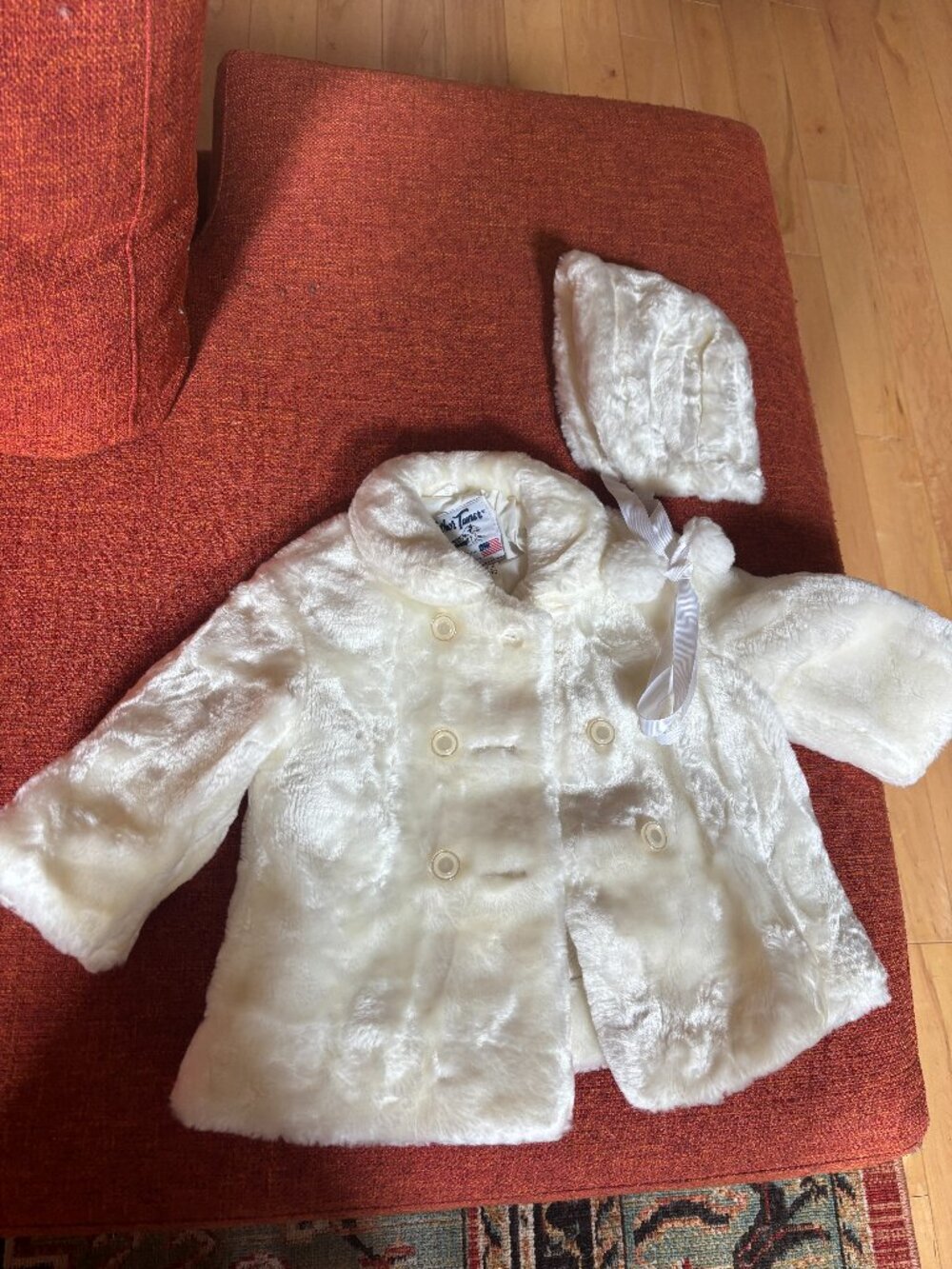 Vintage late 1980s Weather Tamer White Faux Fur Coat and Hat Set, Size 18 MO